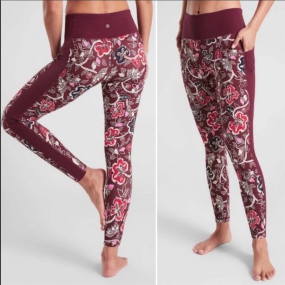 Athleta Affirmation 7/8 Dark Garnet Red Floral Tights Powervita Size XS 446687.